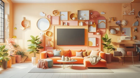 Modern living room interior design with orange sofa, armchair, coffee table, bookshelf, plants and window. 3D Renderingの素材