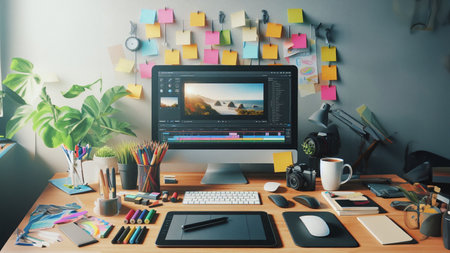 Creative designer desktop with computer, tablet, coffee cup and other items. Mock upの素材