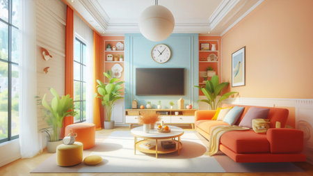3d rendering of living room with orange sofa and orange armchairの素材
