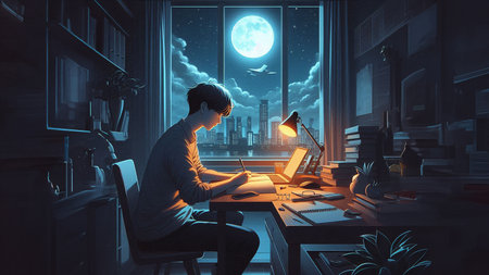 Young man sitting at his desk in front of a computer monitor with a full moon in the backgroundの素材