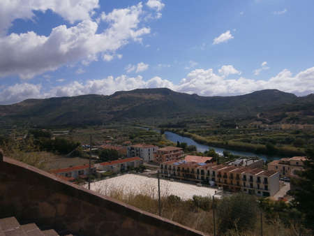 View on Temo river from a height of ancient fortress Bosa, Sardinia, Italy.の写真素材