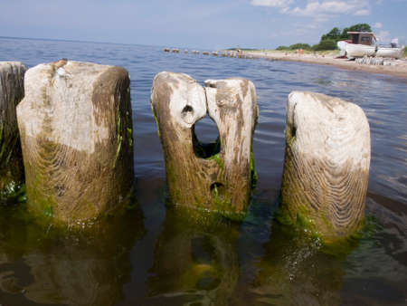 An old wooden breakwater full of holes.の写真素材