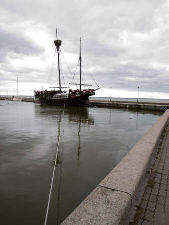 Juodkrante, Lithuania - July 25, 2010 - Sailboat restaurant at the Juodkrante pier in Lithuania.のeditorial素材