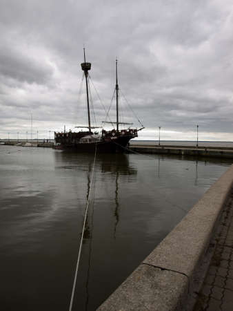 Juodkrante, Lithuania - July 25, 2010 - Sailboat restaurant at the Juodkrante pier in Lithuania.のeditorial素材