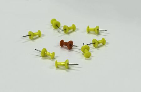 conceptual of leadership red in group of yellow pin isolate on white background - can use to display...