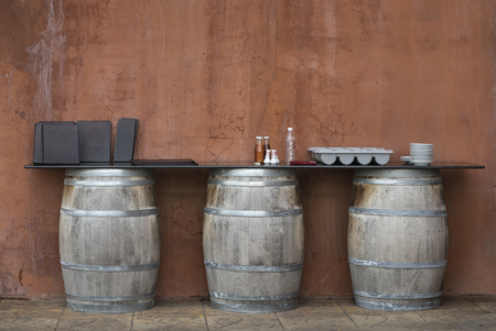 counter bar of restuarant and old wall - can use to display or montage on productsの写真素材