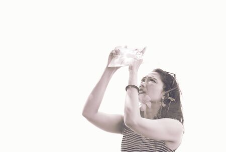 abstract double exposure of girl and plumeria flower with vintage filter on isolate background
