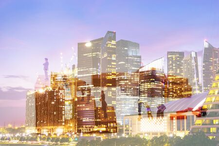 double exposure mini businessman and cityscape in concept career path of work - can use to display or montage on productの写真素材