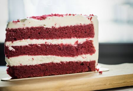 close-up red velvet on wood dish and light background - can use to display or montage on productの写真素材