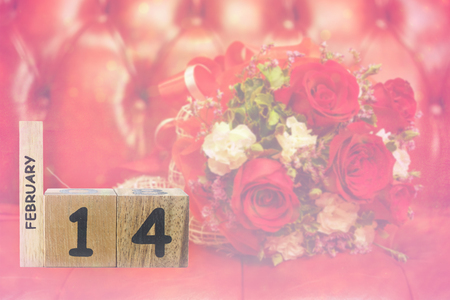 wood block for sweet valentine day with rose bouquet background - can use to display or montage on productの写真素材