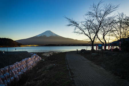 walk way for relax with mount fuji and lake with sun set time - can use to display or montage on productのeditorial素材
