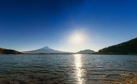 panorama view of mountain fuji and lake with sun light day - can use to display or montage on productの写真素材