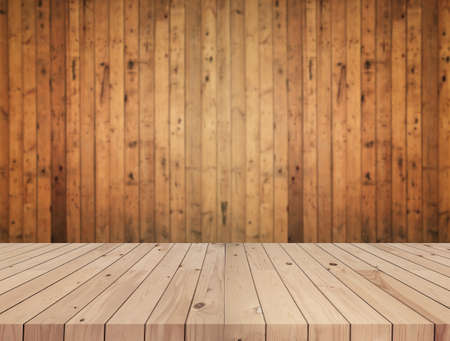 Empty wooden deck table with wooden wallの写真素材