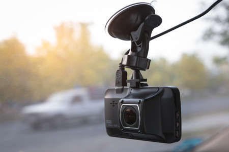 Dash cam on car windshieldの写真素材