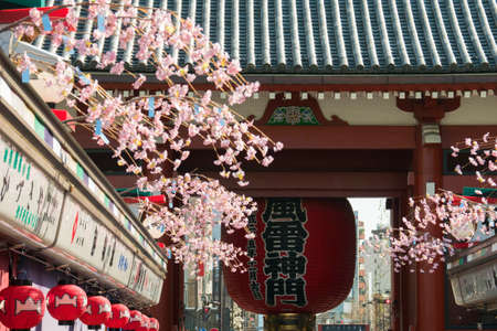 Tokyo, Japan - Mar 22, 2016 - Sensoji temple shopping street and big red japanese lantern gate. Sensoji temple is the most famous attraction in Asakusa, Tokyo, Japanのeditorial素材