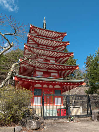 Yamanashi, Japan - Mar 19, 2016 : Chureito five stories red pagoda, is landmark near Fuji mountain in Kawaguchiko in Japan.のeditorial素材