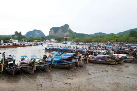 Krabi, Thailand - May 19, 2016 : Longtail boats in a canal at Nopparatthara pier, Ao Nang, Krabi, Thailandのeditorial素材