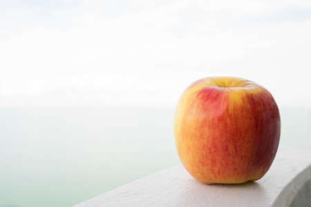 red yellow apple with sea and sky background