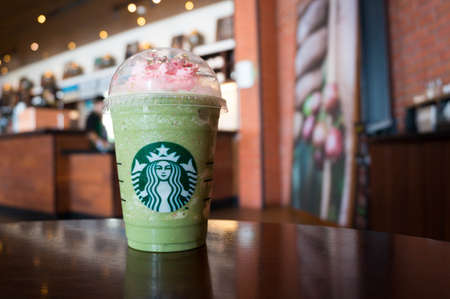 Bangkok, Thailand - April 12, 2017 : A cup of Starbucks Coffee Beverages. Green Tea Strawberry Blossom Frappuccino.のeditorial素材