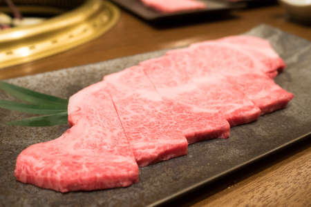 Hida Kobe Matsusaka Premium Beef wagyu at Yakiniku beef grill restaurant in Japanの写真素材