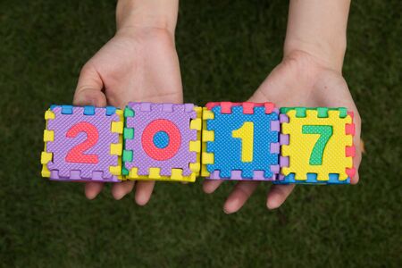 Woman hold toy puzzle wording 2017 on hand with green grass backgroundの写真素材