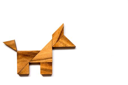 Wooden tangram puzzle in dog shape on white backgroundの写真素材