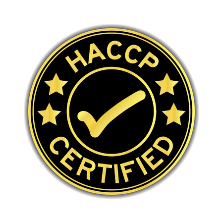 Black and gold color of HACCP (Hazard analysis and critical control points) certified round sticker on white backgroundのイラスト素材