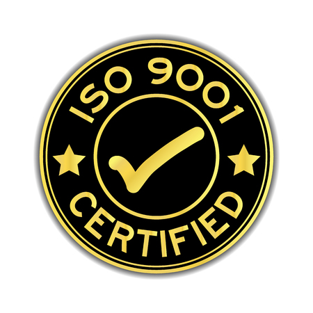 Black and gold color ISO 9001 certified with mark icon round sticker on white backgroundのイラスト素材