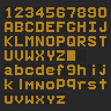 Orange LED digital english uppercase, lowercase font, number display on black backgroundのイラスト素材