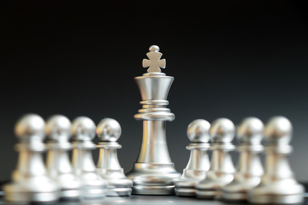 Silver king chess piece stand with pawn on black backgroundの写真素材