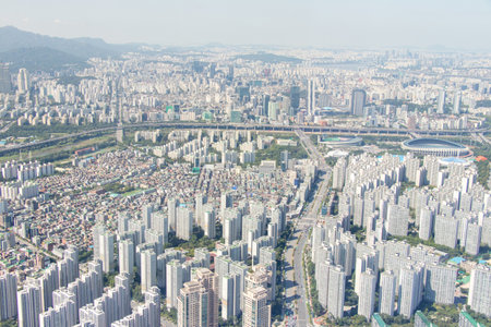 Sep 1, 2018, Seoul, South Korea : Top view of building and road at Jamsil area, Seoul, South Koreaのeditorial素材