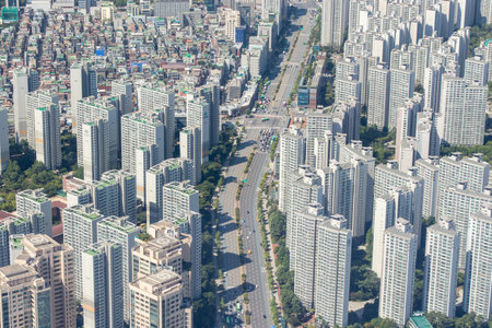 Sep 1, 2018, Seoul, South Korea : Top view of building and road at Jamsil area, Seoul, South Koreaのeditorial素材