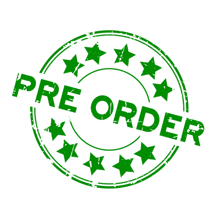 Grunge green pre order wording with star icon round rubber business seal stamp on white backgroundのイラスト素材