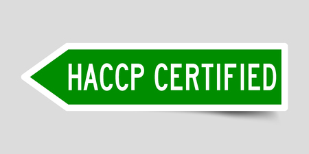 Arrow shape green color sticker in word HACCP (Hazard Analysis and Critical Control Point) certified on gray backgroundのイラスト素材
