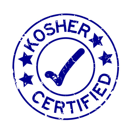 Grunge blue kosher certified word with mark icon round rubber seal stamp on white backgroundのイラスト素材