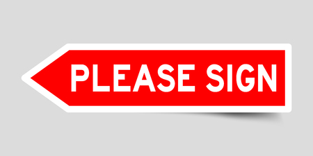 Sticker in red color arrow shape with word please sign on gray backgroundのイラスト素材