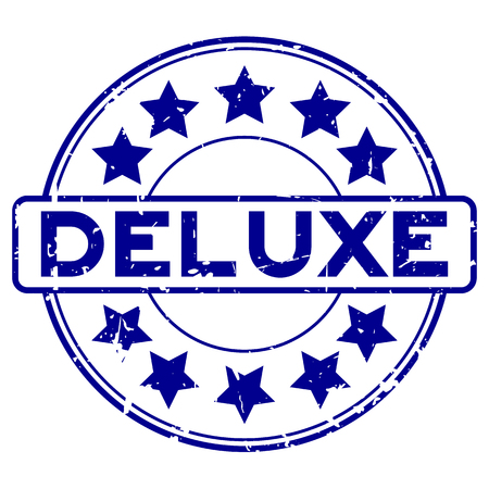 Grunge blue deluxe word with star icon round rubber seal stamp on white backgroundのイラスト素材