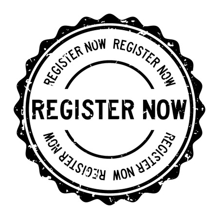Grunge black register now word round rubber seal stamp on white backgroundのイラスト素材