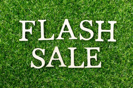 Wood alphabet letter in word flash sale on green grass backgroundの写真素材