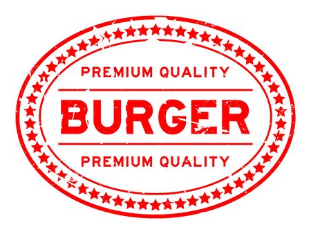 Grunge red premium quality burger oval rubber seal stamp on white backgroundのイラスト素材