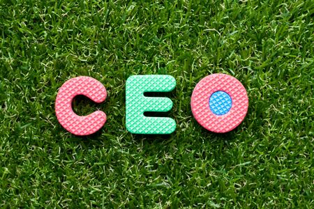 Toy foam letter in word CEO (abbreviation of Chief Executive Officer) on green grass backgroundの写真素材