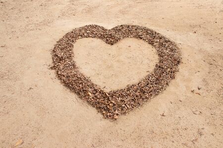 Falling leaf in heart shape on soil backgroundの写真素材