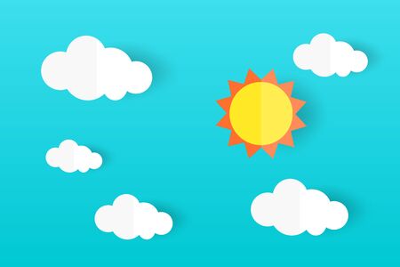 Paper art in white cloud and sun shape on blue sky backgroundのイラスト素材