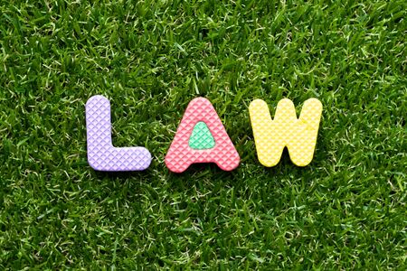 Toy foam letter in word law on green grass backgroundの写真素材