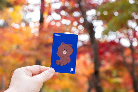 Seoul, South Korea- Oct 24, 2019 : Traveller hand hold t money card with line cartoon character on blur autumn background. T Money is a prepaid card for travelling with train, bus and shopping in South Koreaのeditorial素材