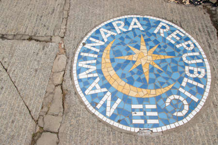 Seoul, South Korea- Oct 24, 2019  : Round painting of insignia that contain word naminara republic with sign of moon and star on concrete floor backgroundのeditorial素材