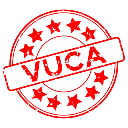 Grunge red vuca (abbreviation of Volatility, uncertainty, complexity and ambiguity) word with star icon round rubber seal stamp on white backgroundのイラスト素材