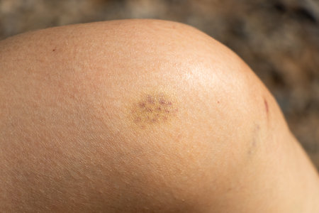 Background of bruised wound on wound woman at knee skinの写真素材