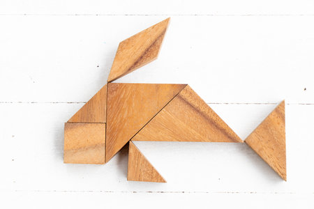 Wood tangram puzzle in fish or carp shape on white wood backgroundの写真素材