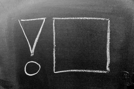 White color chalk hand drawing in exclamation mark and square shape on black board backgroundの写真素材